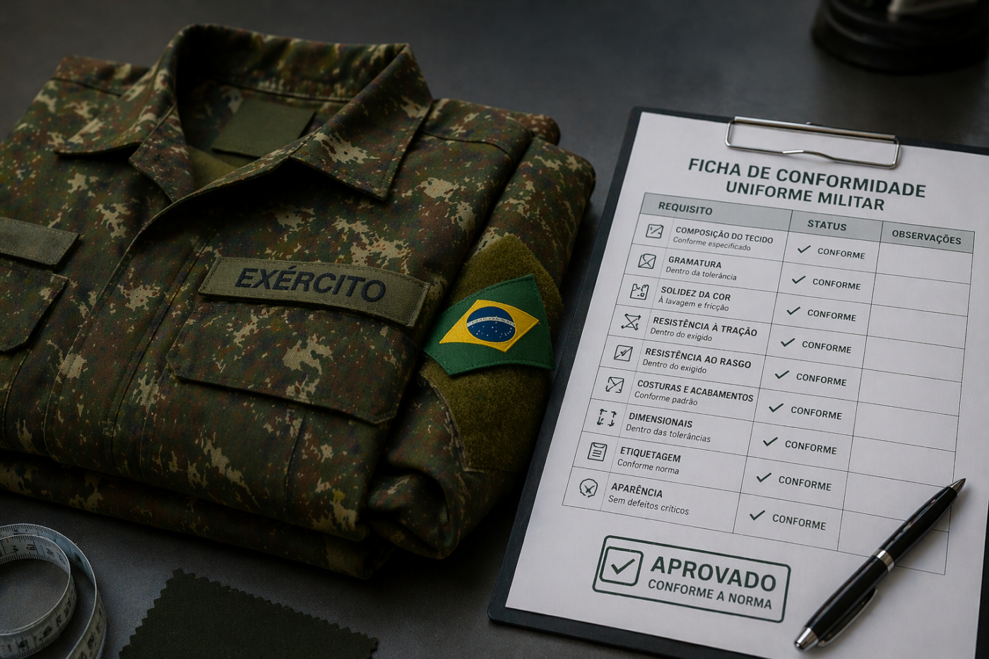 A viabilidade técnica se comprova na conformidade. A análise documental valida se cada requisito foi atendido, garantindo que o uniforme possa ser aprovado sem riscos de reprovação.