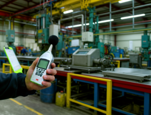 Técnico realizando a avaliação de ruído ocupacional com decibelímetro integrador em ambiente industrial, assegurando o cumprimento dos Valores Limite de Exposição (LEX,8h) conforme a NP EN ISO 9612