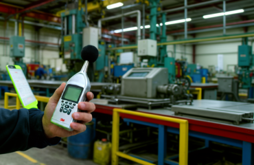 Técnico realizando a avaliação de ruído ocupacional com decibelímetro integrador em ambiente industrial, assegurando o cumprimento dos Valores Limite de Exposição (LEX,8h) conforme a NP EN ISO 9612 Técnico realizando a avaliação de ruído ocupacional com decibelímetro integrador em ambiente industrial, assegurando o cumprimento dos Valores Limite de Exposição (LEX,8h) conforme a NP EN ISO 9612