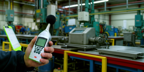 Técnico realizando a avaliação de ruído ocupacional com decibelímetro integrador em ambiente industrial, assegurando o cumprimento dos Valores Limite de Exposição (LEX,8h) conforme a NP EN ISO 9612 Técnico realizando a avaliação de ruído ocupacional com decibelímetro integrador em ambiente industrial, assegurando o cumprimento dos Valores Limite de Exposição (LEX,8h) conforme a NP EN ISO 9612