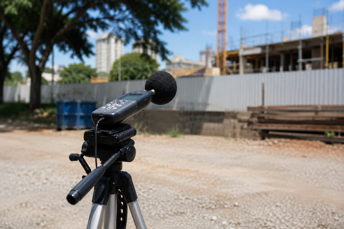 Sonômetro instalado em tripé durante campanha de monitoramento ambiental, garantindo medições precisas e representativas para a elaboração de laudos e estudos acústicos.