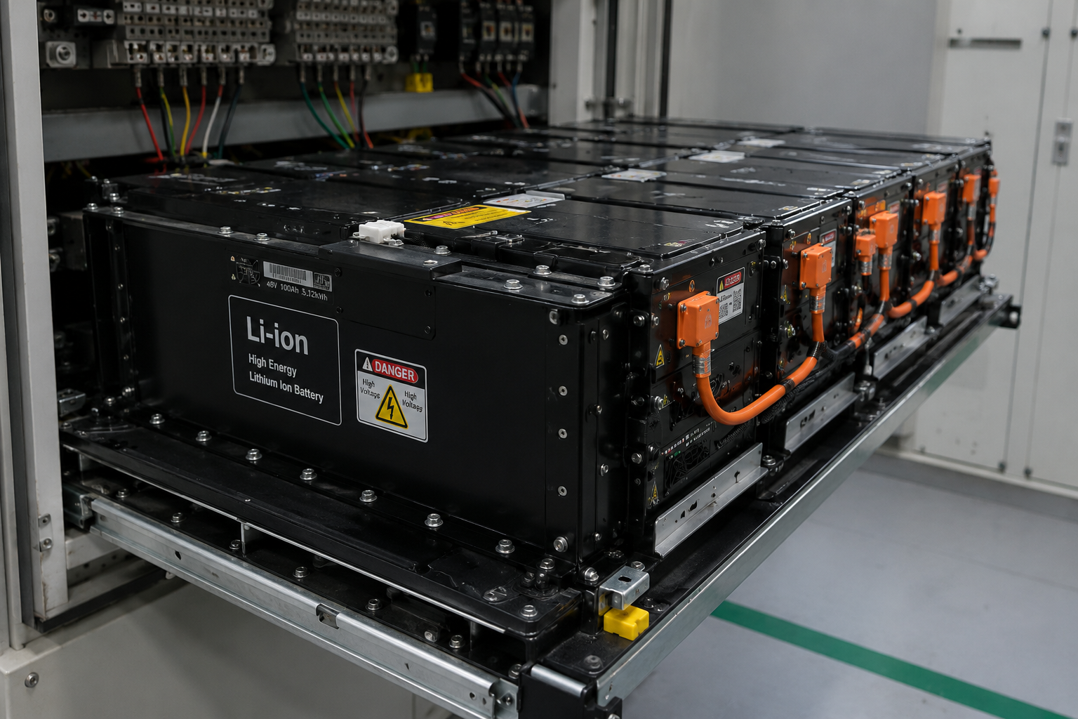 Módulos de baterias de íon lítio utilizados em armazenamento de energia de alta performance. A operação segura depende de inspeções periódicas, gerenciamento eletrônico das células (BMS), controle de carga e conformidade com protocolos de emergência para incêndios envolvendo metais energizados e gases tóxicos.