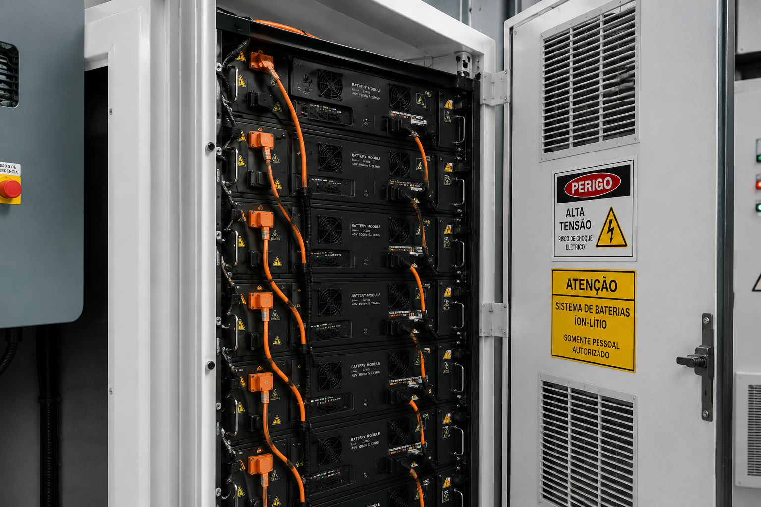 Sistema BESS (Battery Energy Storage System) com baterias de íon lítio integradas em gabinete de alta densidade energética. A instalação exige controle rigoroso de temperatura, monitoramento contínuo, proteção contra fuga térmica (Thermal Runaway) e plano de resposta a emergências compatível com os riscos elétricos e químicos envolvidos.