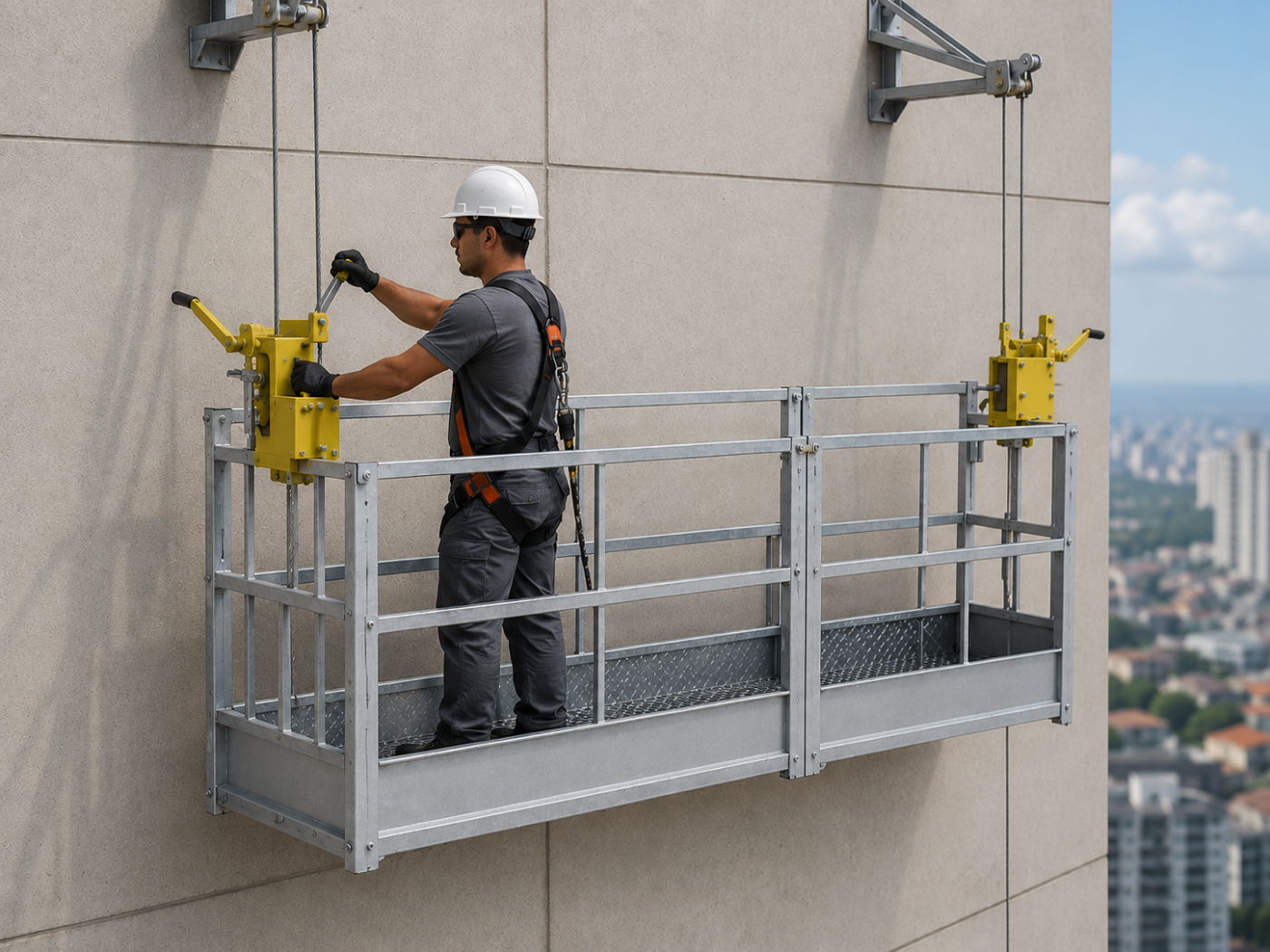Operação de balancim manual exige inspeção estrutural, pontos de ancoragem validados e conformidade técnica com NR 12, NR 18 e NR 35.