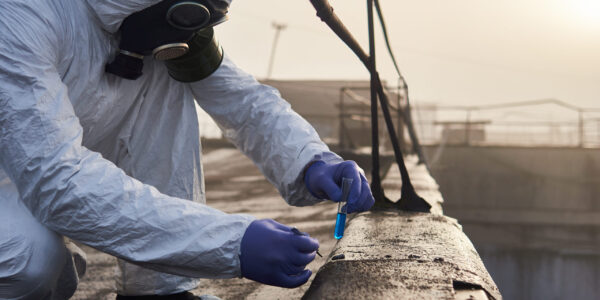 Coleta técnica em telhado com suspeita de amianto, utilizando proteção respiratória e procedimentos de controle da contaminação. Coleta técnica em telhado com suspeita de amianto, utilizando proteção respiratória e procedimentos de controle da contaminação.
