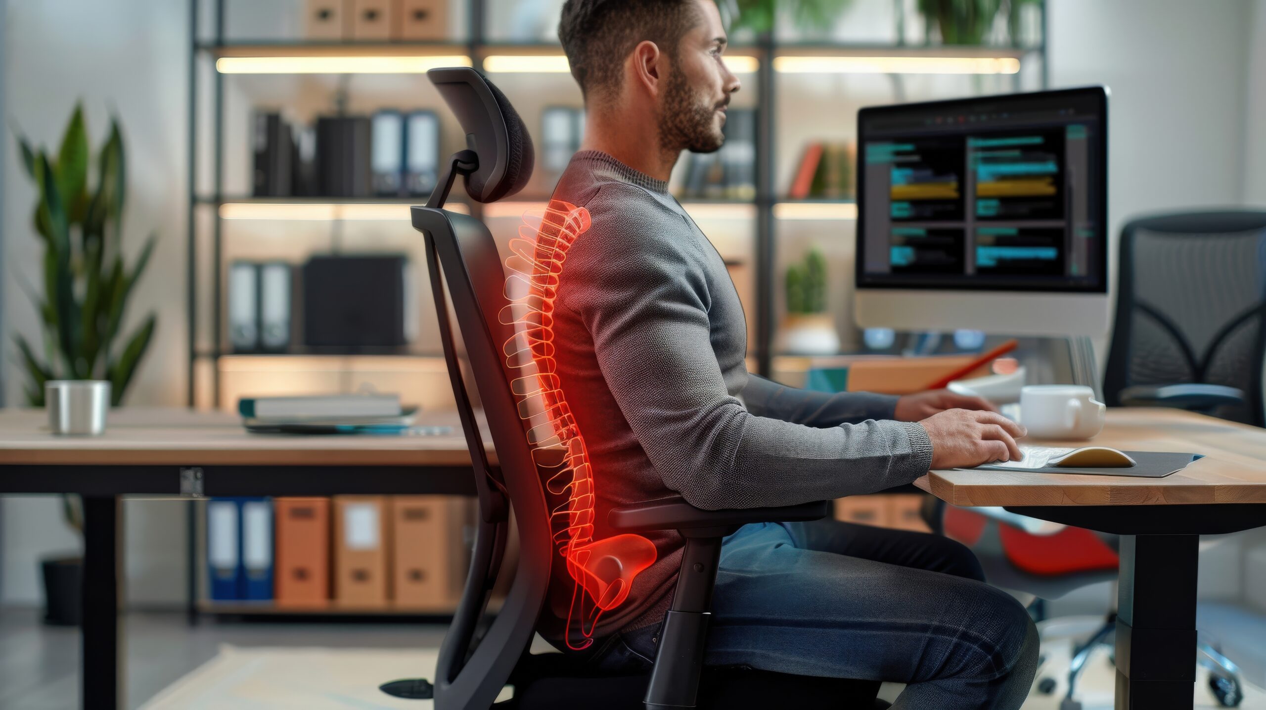 A ergonomia adequada no posto de trabalho contribui para o alinhamento da coluna, prevenção de lesões musculoesqueléticas e melhoria da produtividade.