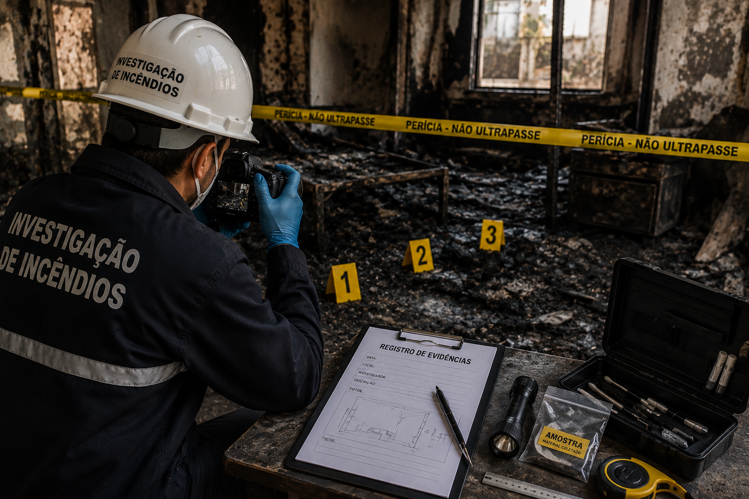 A investigação criteriosa do local permite identificar vestígios, reconstruir a dinâmica do incêndio e fundamentar conclusões técnicas com base em evidências preservadas e análise especializada.