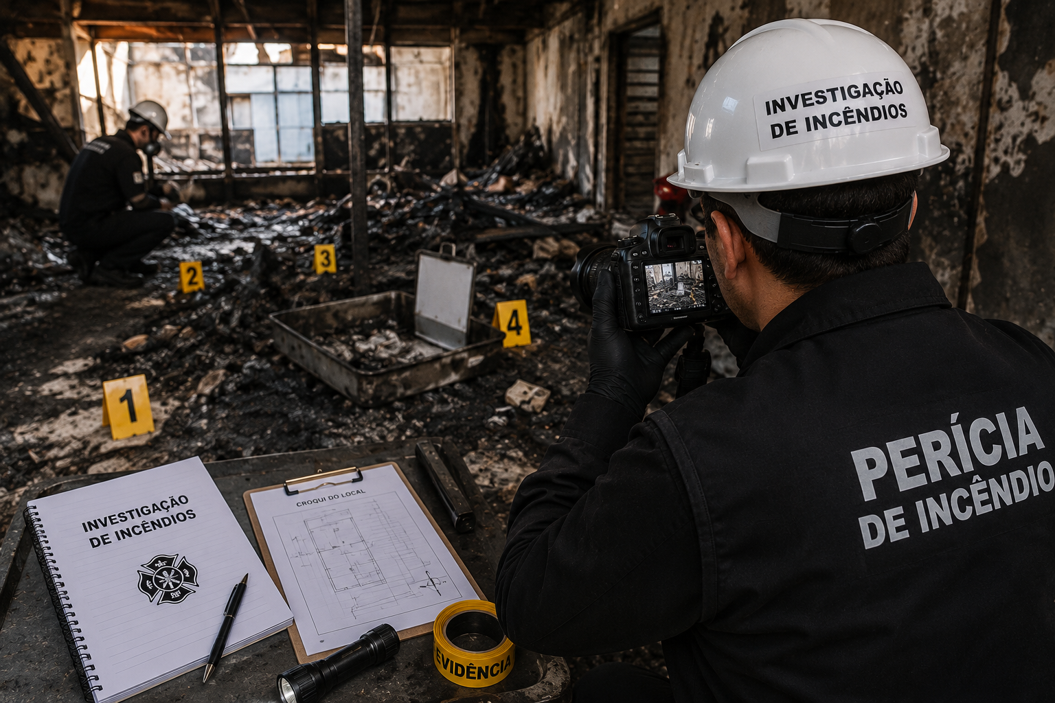 Cada vestígio conta uma história. A análise criteriosa das evidências permite identificar a origem, a causa e a dinâmica do incêndio com precisão técnica e fundamentação pericial.