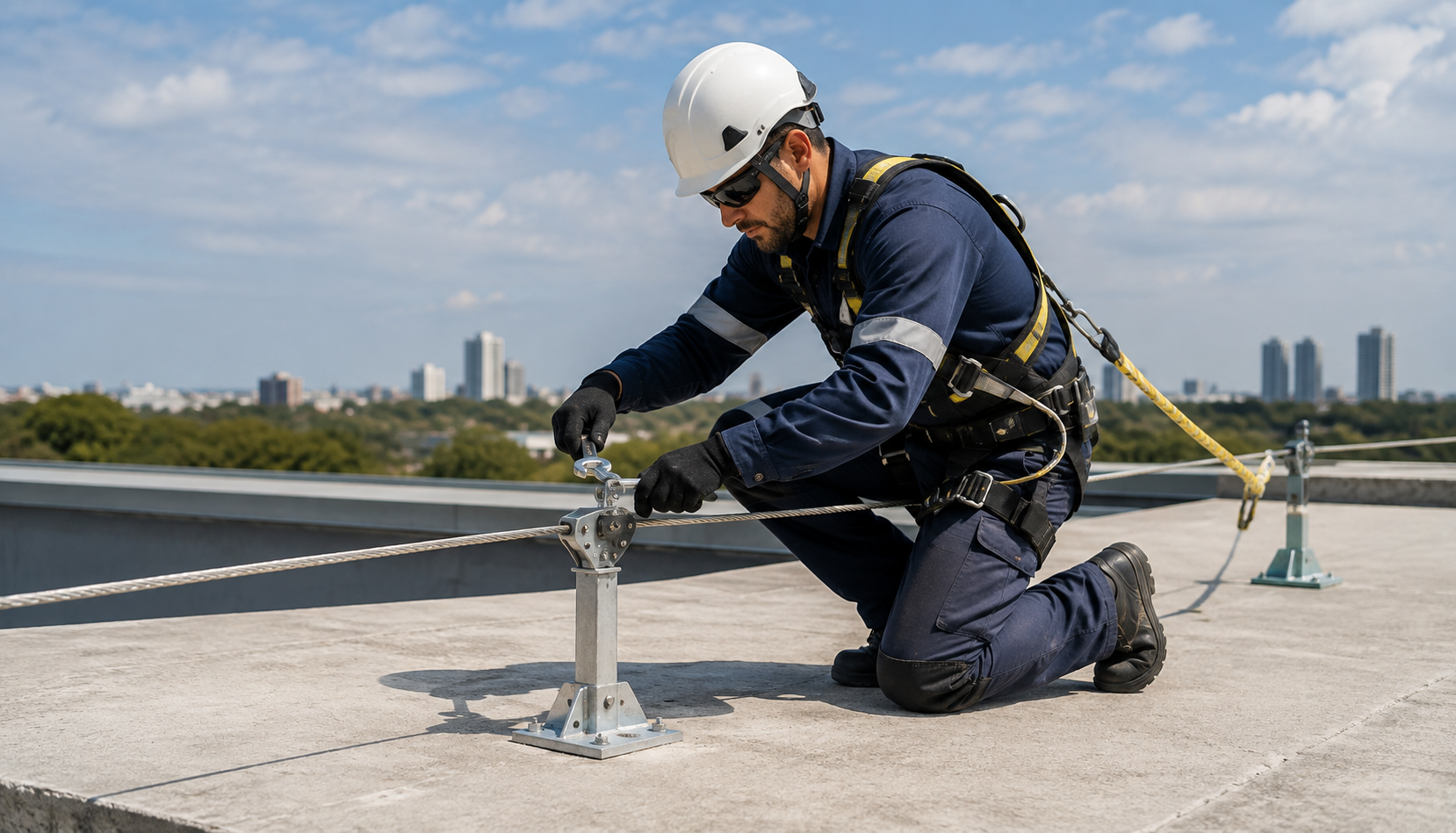 Engenheiro realiza a inspeção e manutenção do sistema de linha de vida, verificando cabos, pontos de ancoragem e componentes de segurança para garantir a proteção dos profissionais durante o trabalho em altura.