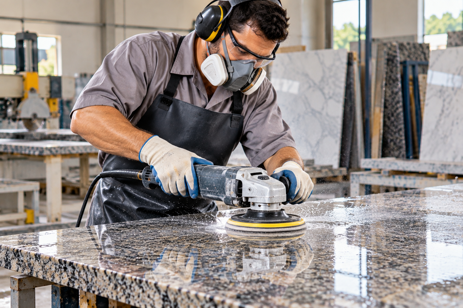 Acabador de mármores e granitos executando o polimento de superfície com ferramenta profissional, garantindo uniformidade, brilho e qualidade no acabamento da rocha ornamental.
