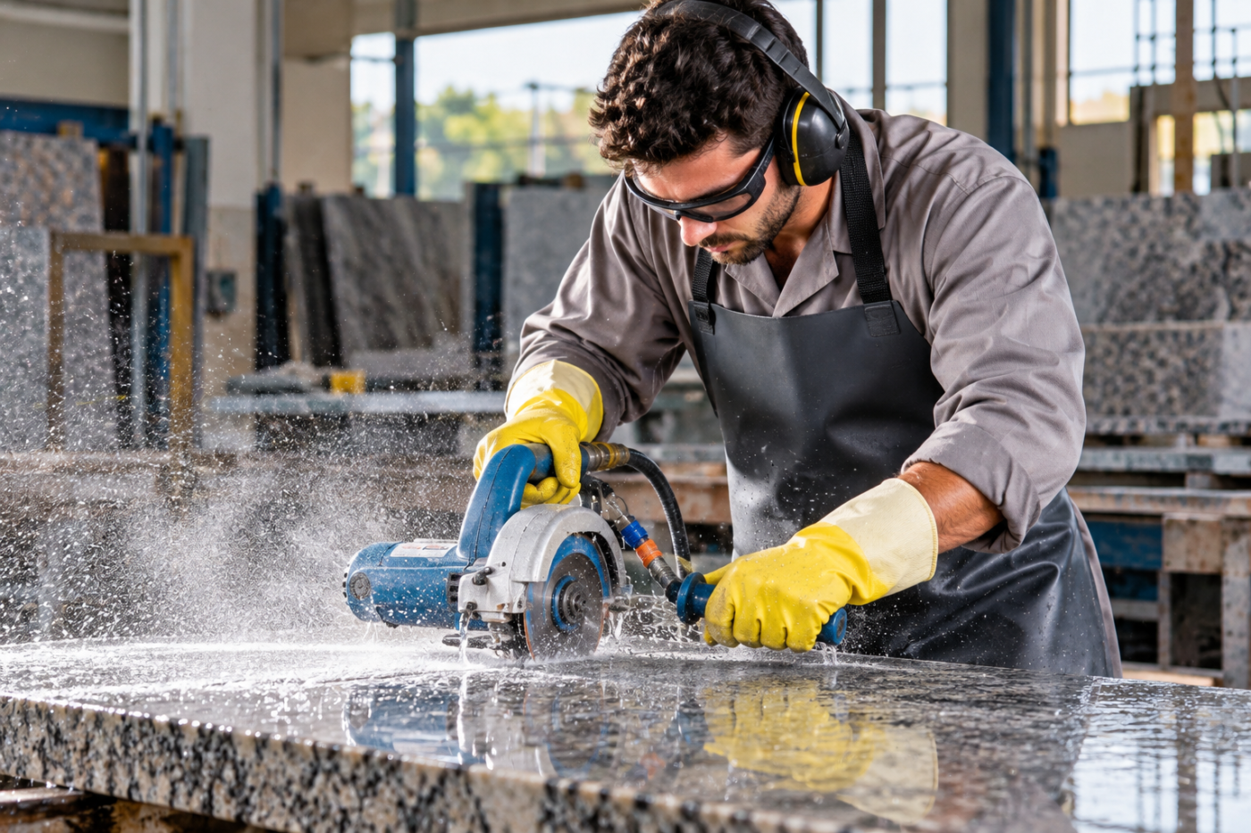 Curso Acabador Mármores Granitos: Profissional realizando o corte e acabamento de granito com equipamento especializado, aplicando técnicas de precisão e segurança para garantir a qualidade das peças.