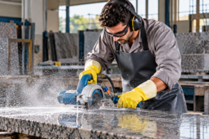 Curso Acabador Mármores Granitos: Profissional realizando o corte e acabamento de granito com equipamento especializado, aplicando técnicas de precisão e segurança para garantir a qualidade das peças.