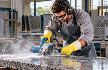 Trabalhador Cortando Granito com Água Curso Acabador Mármores Granitos: Profissional realizando o corte e acabamento de granito com equipamento especializado, aplicando técnicas de precisão e segurança para garantir a qualidade das peças.
