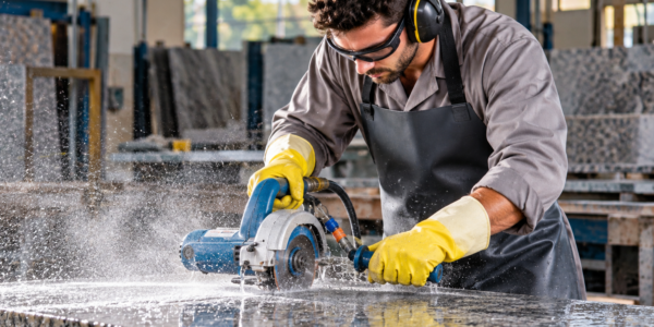 Trabalhador Cortando Granito com Água Curso Acabador Mármores Granitos: Profissional realizando o corte e acabamento de granito com equipamento especializado, aplicando técnicas de precisão e segurança para garantir a qualidade das peças.