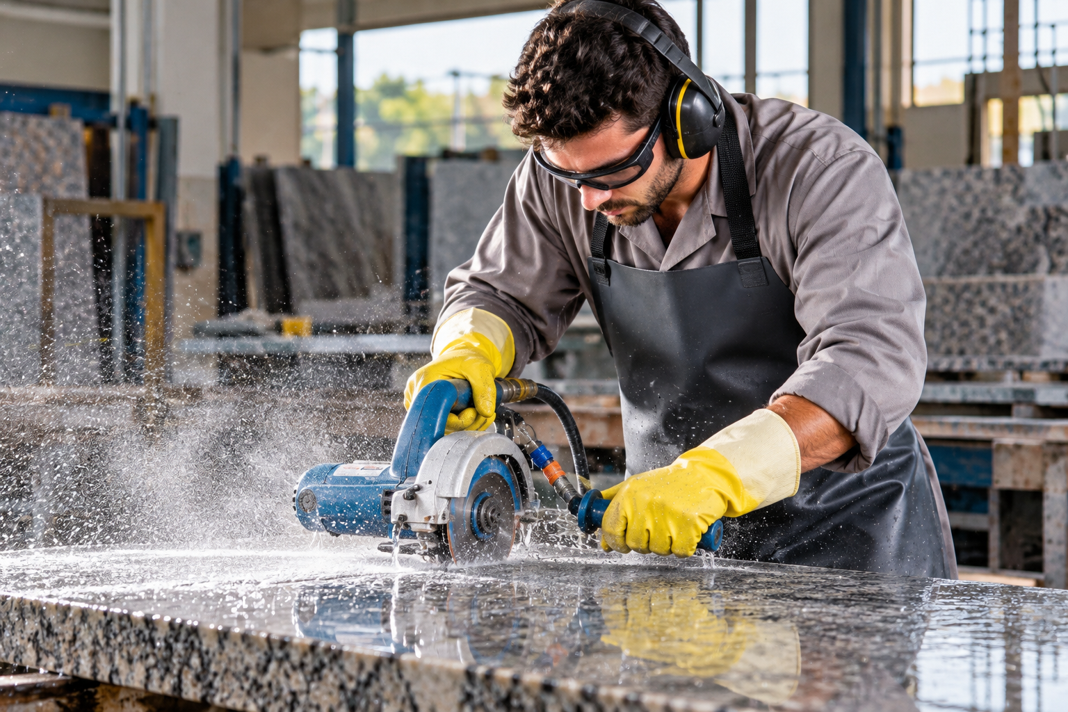 Trabalhador Cortando Granito com Água Curso Acabador Mármores Granitos: Profissional realizando o corte e acabamento de granito com equipamento especializado, aplicando técnicas de precisão e segurança para garantir a qualidade das peças.