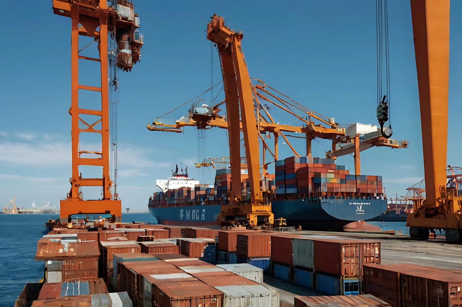 Carregamento ativo de contêineres com guindastes pórtico. A logística entre cais e embarcação garante produtividade e integridade da carga. - Treinamento Simulado de Emergência de Operações Portuárias.