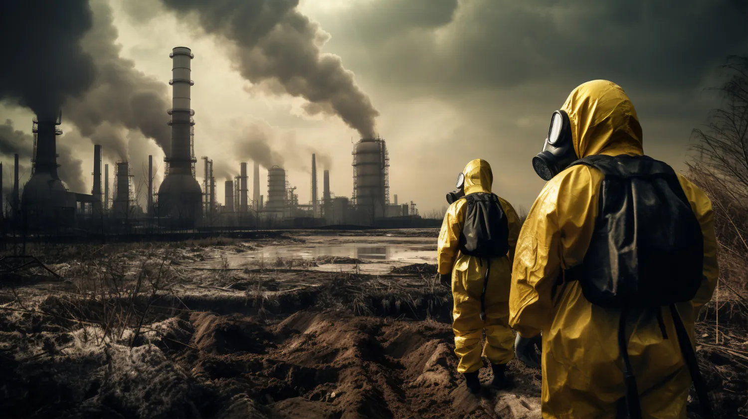 Equipe técnica equipada com EPI nível C em área com histórico de contaminação industrial. A segurança operacional é indispensável durante a coleta de dados ambientais e investigações detalhadas.Curso Gerenciamento Áreas Contaminadas