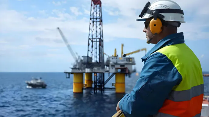 Profissional supervisiona operações em plataforma semi-submersível, com foco em segurança, comunicação e conformidade de procedimentos críticos.
