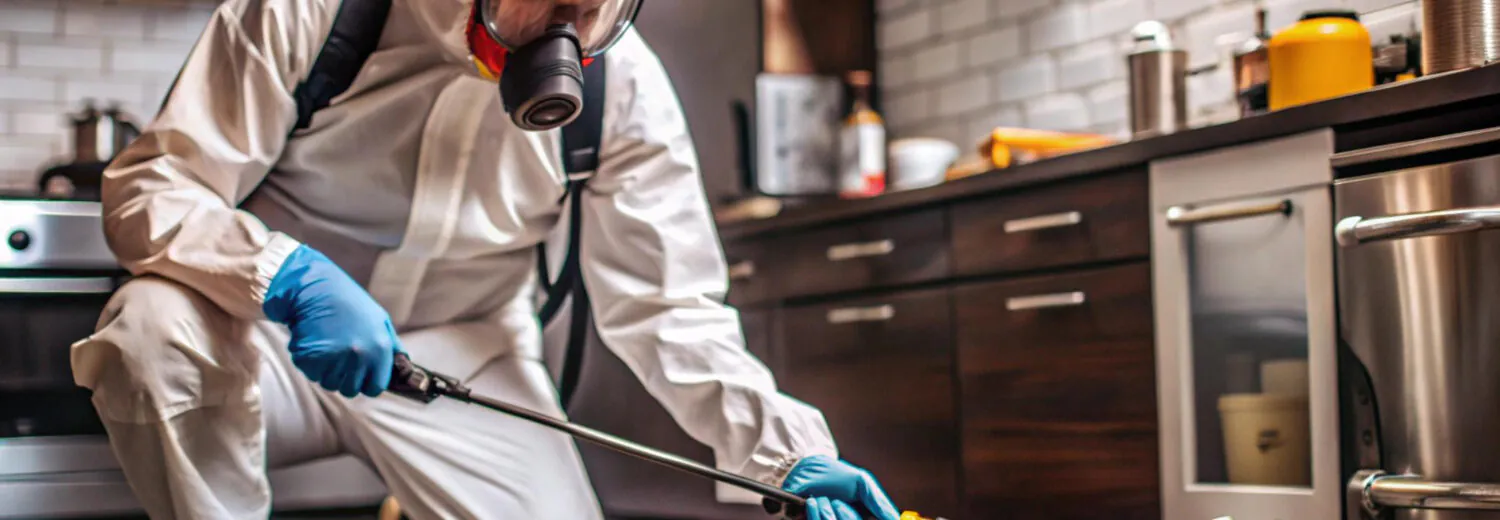 Aplicação técnica de desinsetização em ambiente interno, com uso de EPI e pulverizador profissional.