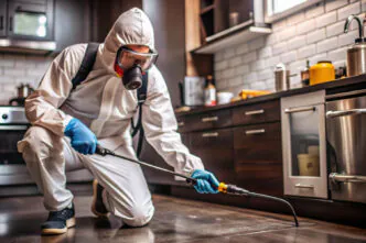 Aplicação técnica de desinsetização em ambiente interno, com uso de EPI e pulverizador profissional.