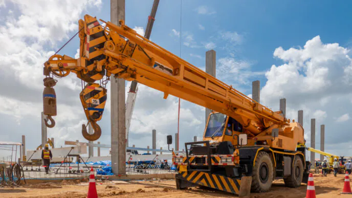 Guindaste telescópico sobre rodas em operação em canteiro de obras - Curso Laudo de Guindaste
