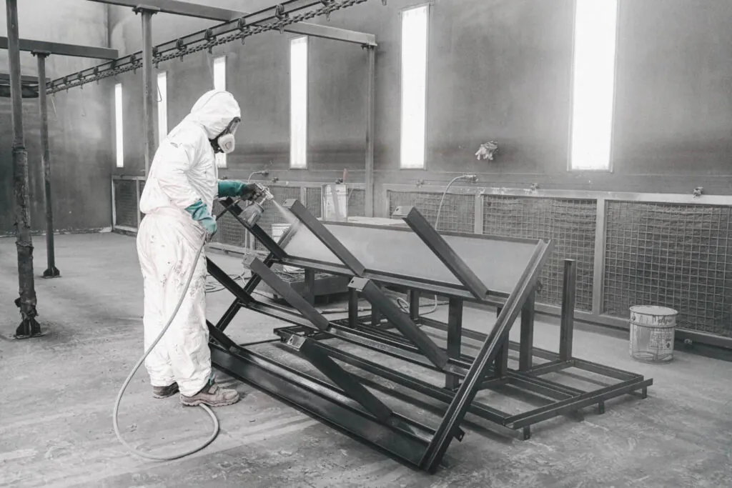 Pintura industrial de estruturas metálicas em cabine com exaustão e ventilação forçada. Operador com máscara facial adequada, demonstrando controle de exposição a névoas de tinta. Piso apresenta vestígios de acúmulo de tinta, recomendando-se limpeza periódica conforme norma. - Laudo Cabine Pintura.