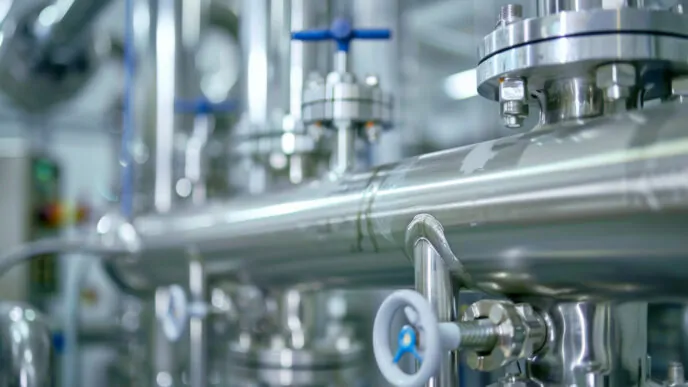 Fábrica farmacêutica limpa e organizada onde tubulações e válvulas de aço fazem parte de um ambiente estéril. - Consultoria NR 13