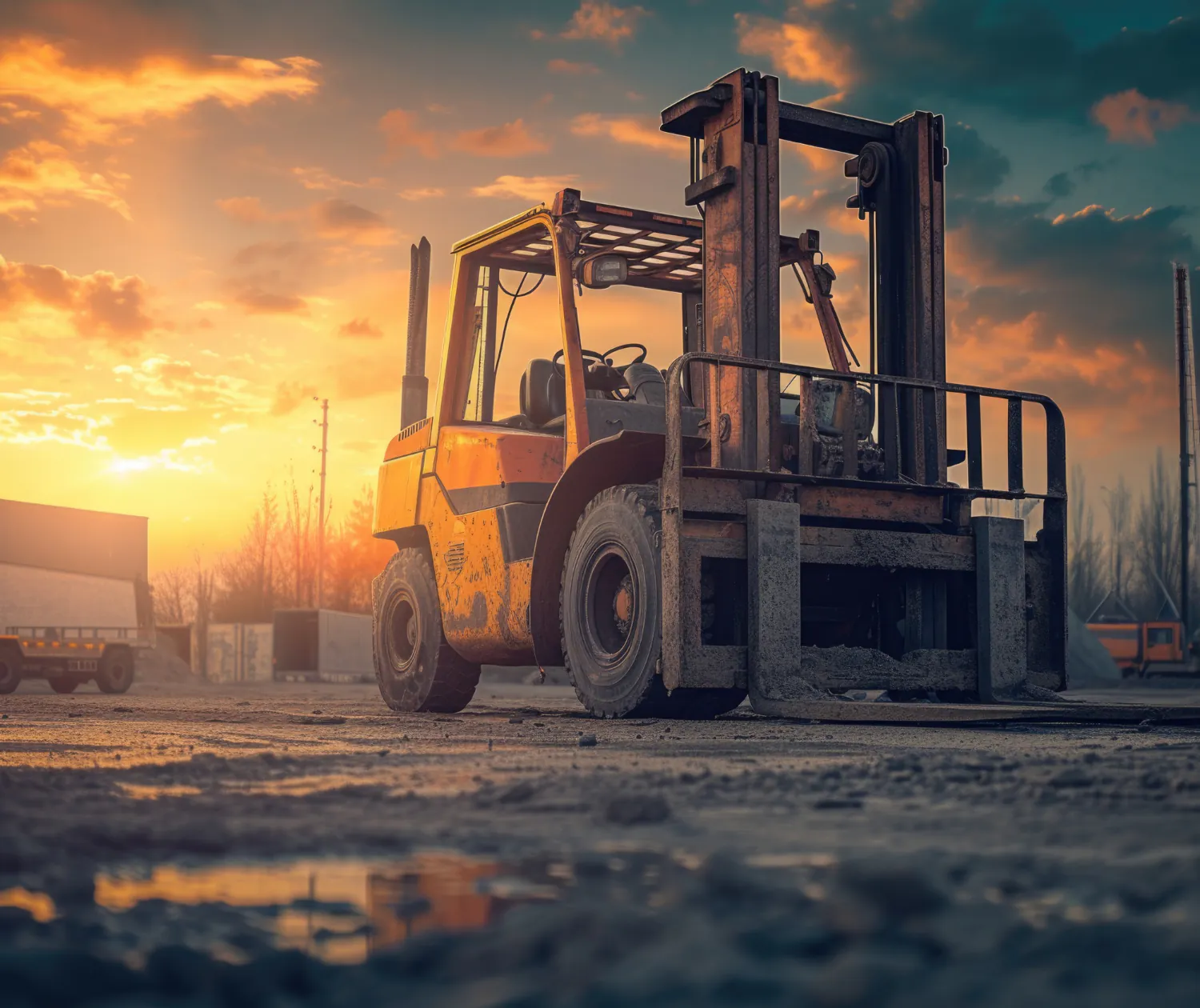 Equipamento de movimentação de carga em ambiente externo exige manutenção preventiva constante, uso de EPIs e avaliação das condições do piso e da iluminação, conforme a NR 11. Curso NR 11.