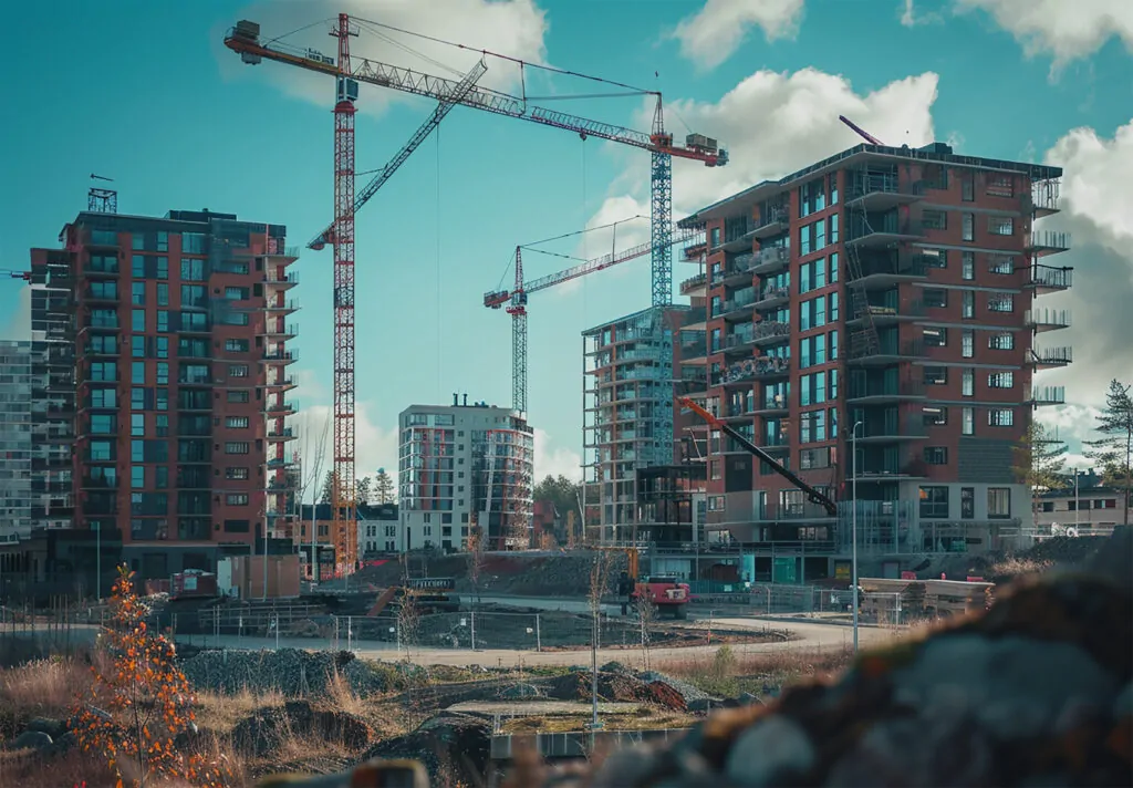 Construção em andamento com prédios residencias e comerciais ao redor. - Laudo Vibração Ambiental