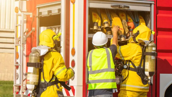 Bombeiros organizando mangueiras no caminhão de combate a incêndios, garantindo que todo o equipamento esteja pronto para a próxima emergência.