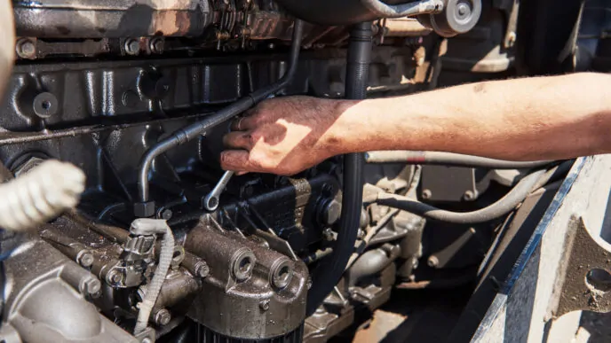 Ajuste de componentes em um motor a diesel pesado. A manutenção preventiva é essencial para aumentar a durabilidade do equipamento e evitar paradas inesperadas.