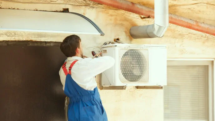 Reparo externo! Técnico ajusta unidade de ar-condicionado para manter tudo funcionando perfeitamente. - Curso Como Fazer PMOC.