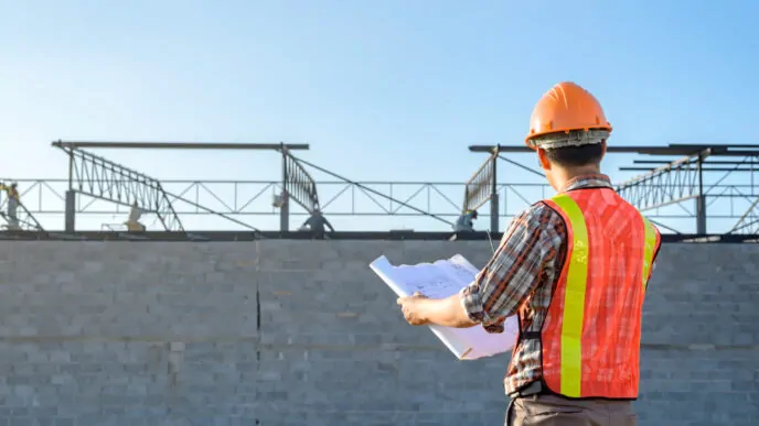Um engenheiro ou supervisor de obra analisa plantas arquitetônicas em frente a um edifício em construção, assegurando que todos os detalhes estejam alinhados com o planejamento. - Curso Capacitação Incial NR 18. Curso NR 18 Inicial.