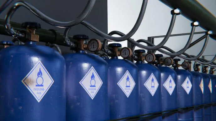 Cilindros de gás oxidante armazenados em série, interligados por tubulações de alta pressão e válvulas reguladoras. Os rótulos indicam a natureza do conteúdo, com potencial para promover combustão ao entrar em contato com materiais inflamáveis. Equipamentos assim são comuns em processos industriais e laboratoriais. - Curso Cilindro Gases Inflamáveis.