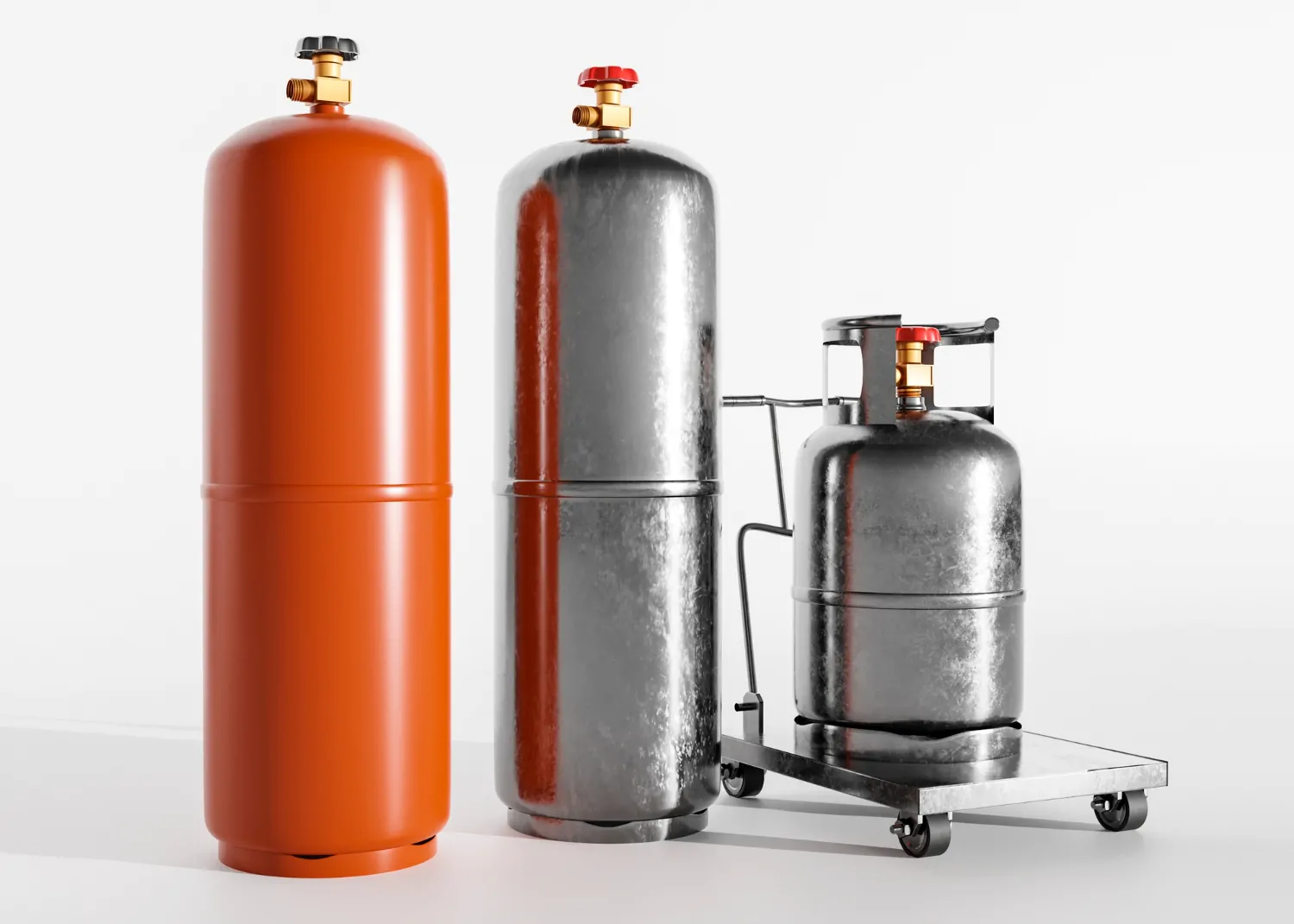 Cilindros de gases industriais em diferentes tamanhos, projetados para armazenar substâncias sob pressão com segurança, com destaque para o transporte adequado. - Curso Cilindro Gases Industriais.