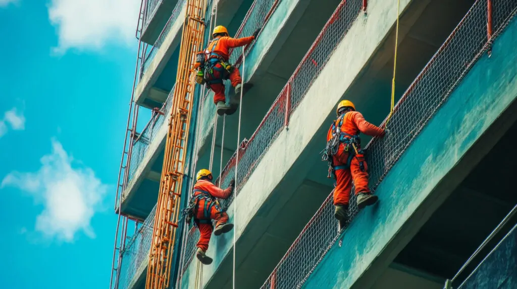Trabalhadores da construção escalam um prédio alto com equipamentos de segurança. - Curso NR 35 – Nível Trabalhador