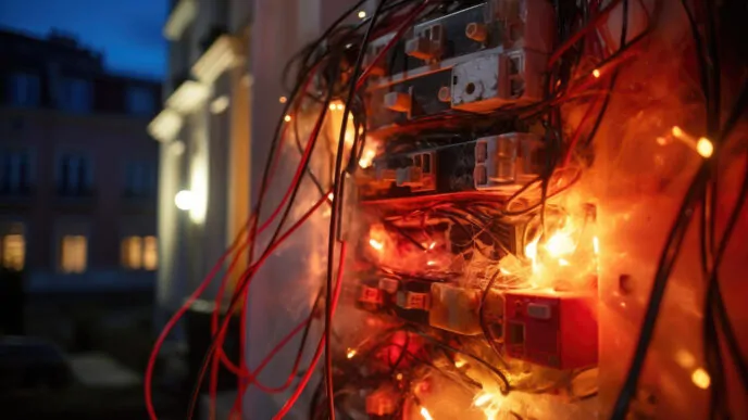 Painel elétrico com faíscas visíveis e fios expostos de fumaça e marcas de queimaduras. -Curso Inspeção Instalações Elétricas IEC60079-17