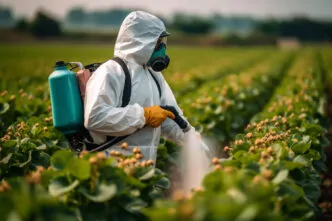 Aplicação precisa de calda de defensivos agrícolas em campo de cultivo, com o trabalhador utilizando equipamento de proteção individual completo. - Curso Curso Preparadores Aplicadores Agrotóxicos.