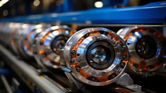 Linha de produção industrial com rolamentos de alta precisão, demonstrando a importância da manutenção adequada para assegurar o desempenho contínuo e eficiente dos equipamentos. - Curso Manutenção Rolamentos.