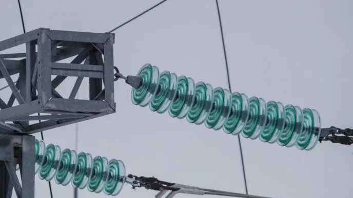 Isoladores em configuração dupla para alta tensão. Requisitos críticos de isolamento e suporte mecânico. Laudo técnico precisa incluir análise termográfica e resistência elétrica.