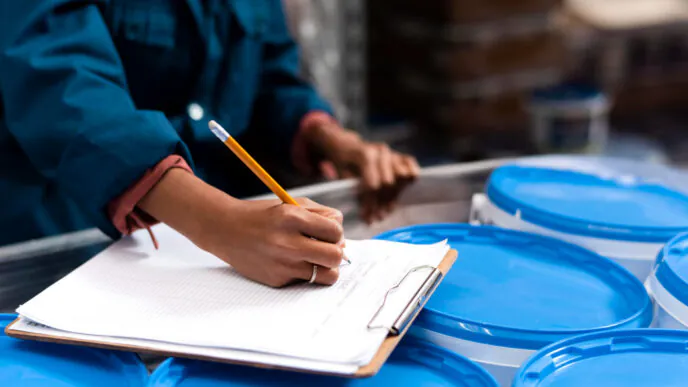 Registro de verificação de conformidade de embalagens durante processo de controle de qualidade em ambiente fabril. Profissional realiza anotação manual em checklist de inspeção.