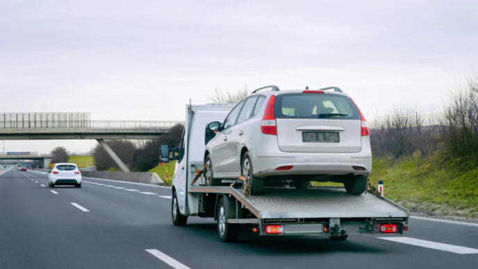 Veículo sendo rebocado por guincho automotivo com sistema de plataforma deslizante, indicado para remoções sem tração ativa.