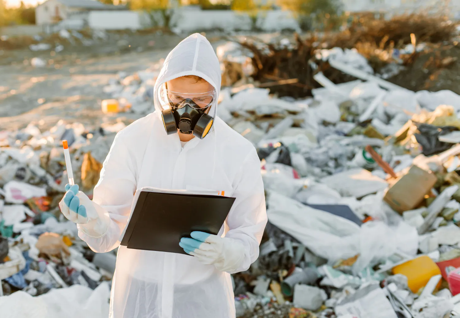 Investigação ambiental aplicada: Uso de EPI completo e registro de dados para diagnóstico preliminar em local com suspeita de passivo ambiental.