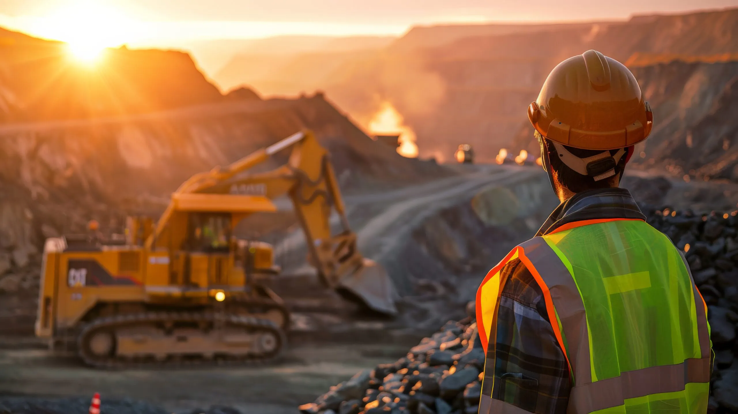 Excavator supervision in a mining area. Application of NR 12 and NR 22 standards, use of PPE, and risk analysis ensure safety and operational control with conscious presence.